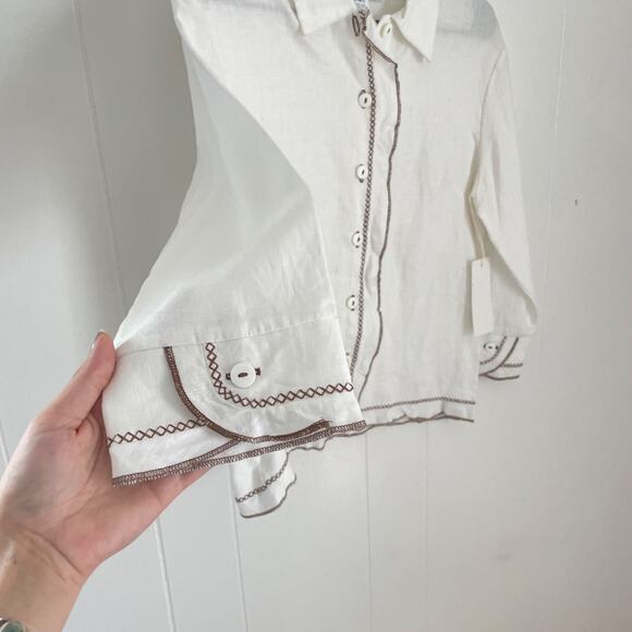 Linen Button Down Blouse S White Boxy Minimalist Coastal Stitch Trim NWT Capsule - Picture 3 of 8